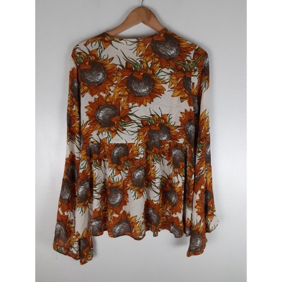 Umgee Cream & Orange Sunflower Floral Print Long Flare Sleeve Top Lace Neck L - Picture 4 of 8